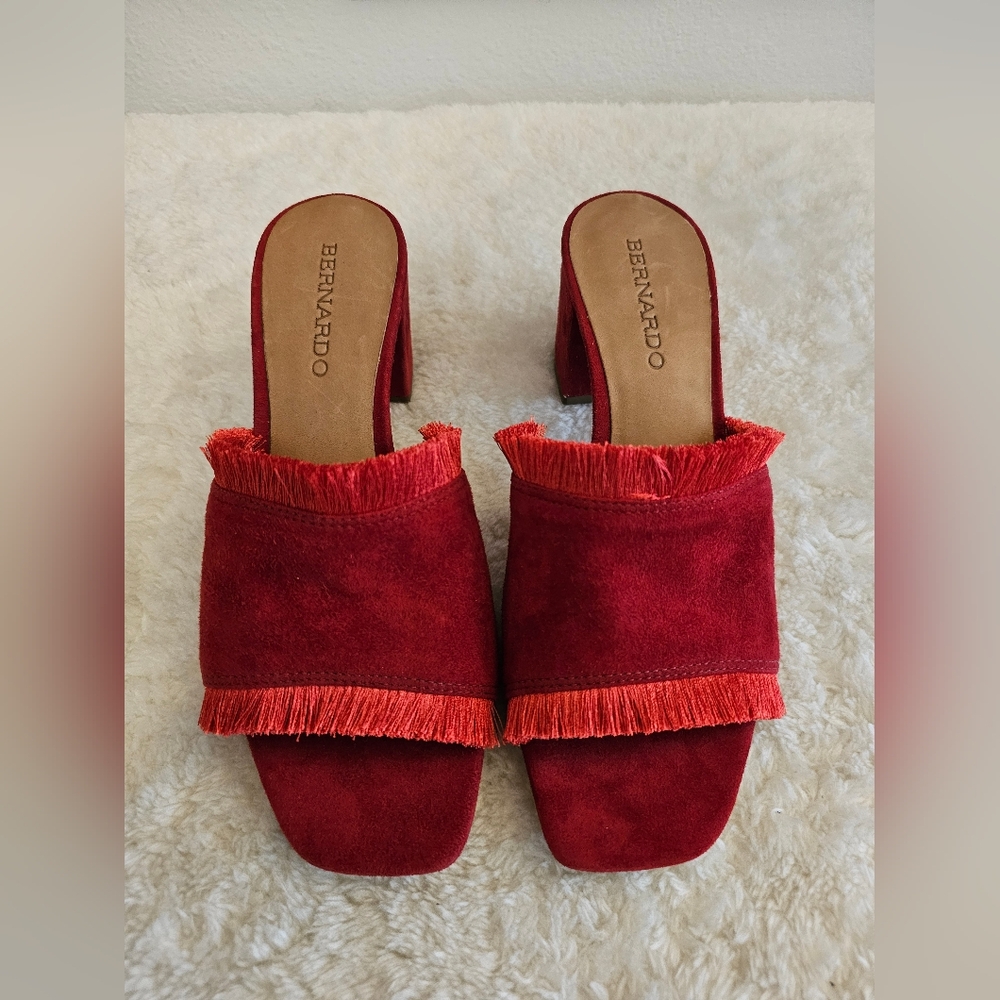 Bernardo Red Suede Mules with Fringe